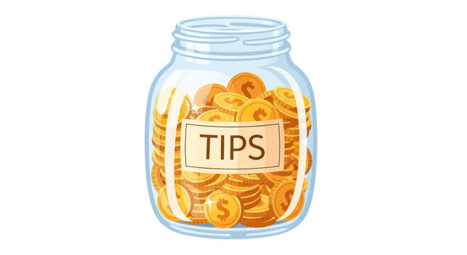 Glass Jar Full of Golden Coins Labeled "TIPS" - Savings and Gratitude Concept