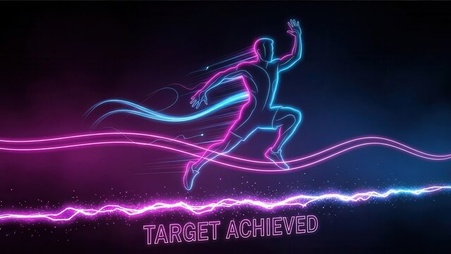 Vibrant neon runner silhouette reaching success with dynamic light trails and glowing energy on a