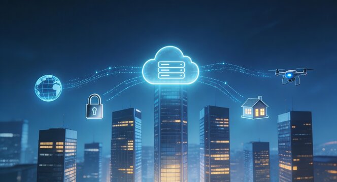 Smart city illustration with cloud computing, IoT, security locks, drones, and connected buildings. Represents urban tech integration, digital transformation, and modern architecture.