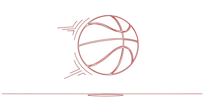 Continuous single line drawing of a flying basketball bouncing off the ground.