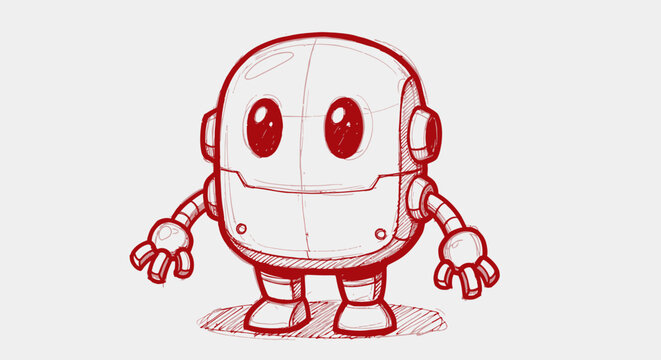 Cute robot character hand-drawn in red pencil on a white background.