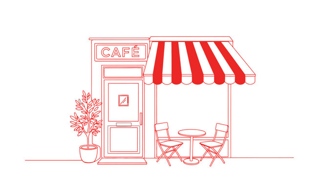 Minimalist cafe storefront with red awning and outdoor seating.