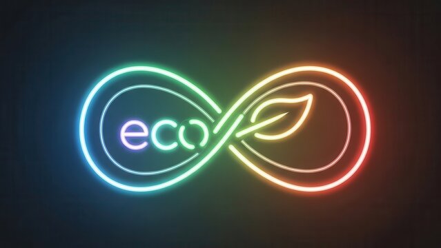 Vibrant neon eco infinity symbol with glowing leaf highlighting continuous sustainable future