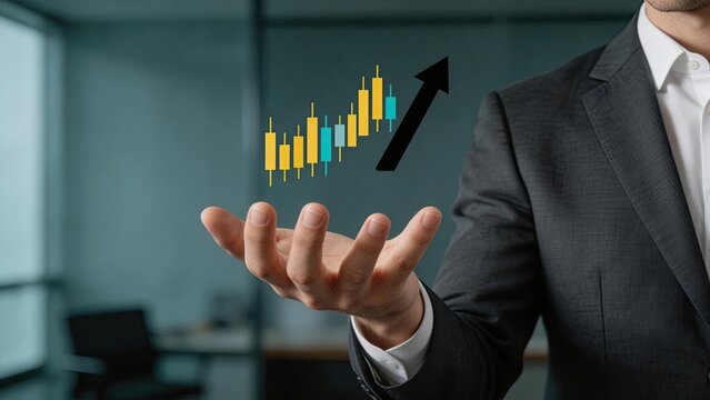 Businessman hand holding rising candlestick chart with upward arrow symbolizing financial growthstock market investment successprofit increasewealth managementcorporate