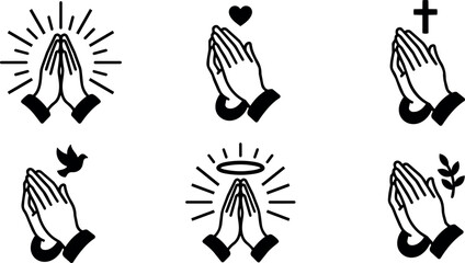 Obraz premium Black and white praying hands with religious symbols and sun rays vector art