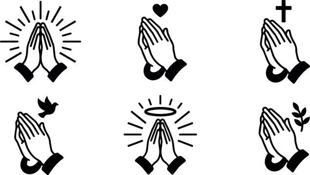 Black and white praying hands with religious symbols and sun rays vector art