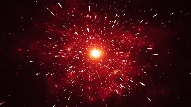 Abstract red space explosion with glowing particles and light streaks