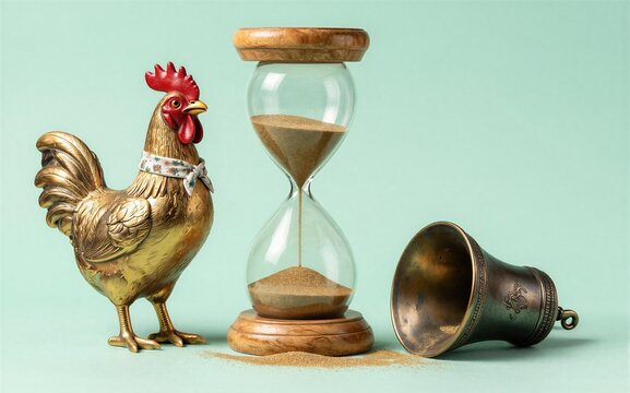 Golden rooster stands beside hourglass and bell symbolizing time's
