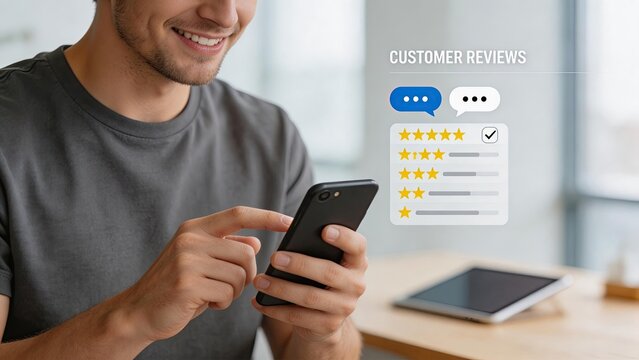 Smiling young man using smartphone to check customer reviews five star rating feedback concept online shopping mobile app interface social proof digital marketing positive