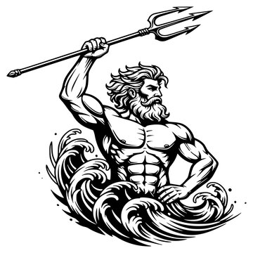Poseidon: An impressive depiction of the sea god with his signature trident amidst a tempest of waves. The image captures the power and majesty of the sea deity.