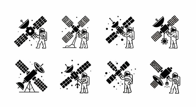 Astronaut interacts with satellite in space illustrations