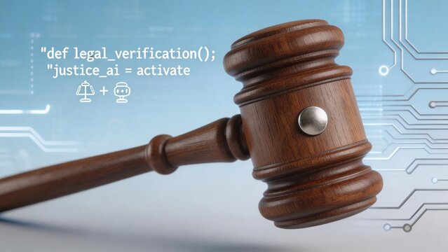 Concept image of AI legal verification with a gavel, circuit board, and code, representing tech in law and justice.
