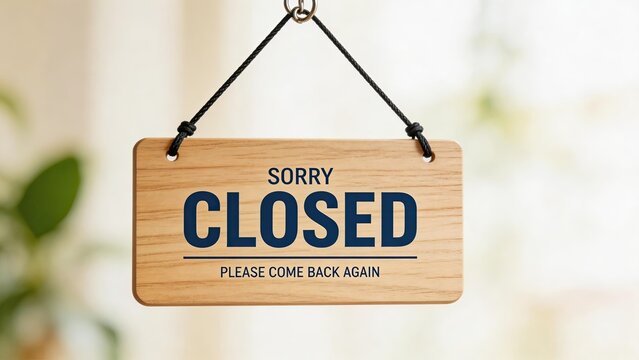 Sorry closed wooden hanging sign on door please come back again business hours concept empty shop temporary closure open or shut retail store no entry commercial space background