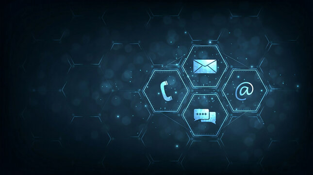 Contact us Icons on Blue Digital Background with Hexagons for Website Customer Support and Business Communication