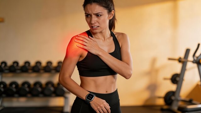 Young woman in sports attire shows shoulder pain while working out in a gym. Highlights fitness injury and health concerns during exercise.