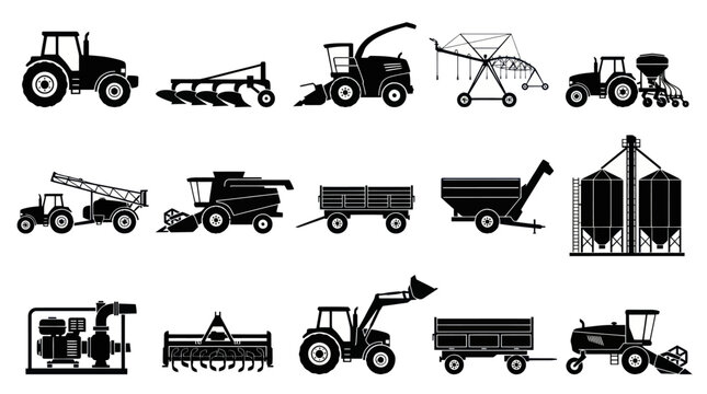 Black and White Icons of Agricultural Machinery and Farming Equipment