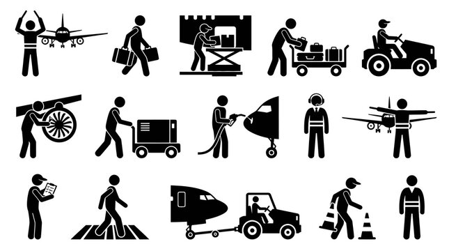 Airport staff, baggage handling, aircraft, vehicle, and service glyph icons