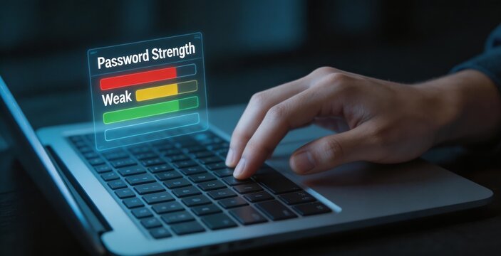 A hand types on a laptop keyboard with a password strength meter (weak) displayed, emphasizing digital security and cybersecurity concepts in tech applications.