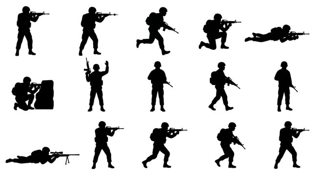 Military Soldiers Silhouettes Set Black  White Action Poses