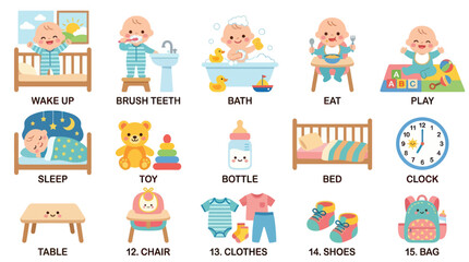 Fototapeta premium Cute Baby Daily Routine Flat Vector Icons Set