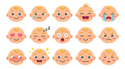 Fototapeta premium Cute Baby Face Emotions Icon Set, Flat Vector Illustration