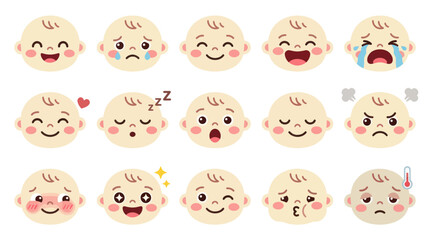 Fototapeta premium Cute baby faces emojis cartoon style vector illustration, expressions