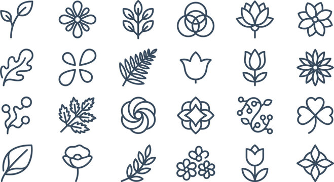 Collection of minimalist botanical icons featuring leaves, flowers, and plants in a simple line art style