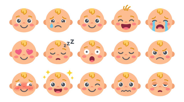 Cute Baby Face Emotions Icon Set, Flat Vector Illustration