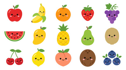 Fototapeta premium Cute Flat Cartoon Fruit Characters Vector Collection. Healthy Kawaii Food Illustrations for Kids.