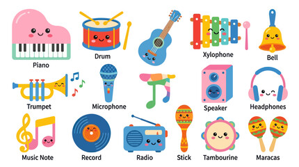 Fototapeta premium Cute Musical Instruments Vector Art, Flat Style - Children's Education