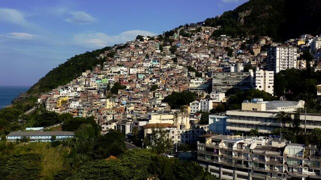 Drone Footage, Aerial View of whole Favela of Vidigal and houses in Rio de Janeiro
