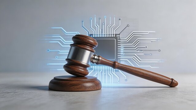A wooden gavel with a metallic band rests on a concrete surface, paired with a glowing circuit board. Represents legal technology, judicial systems, and technological integration in law.