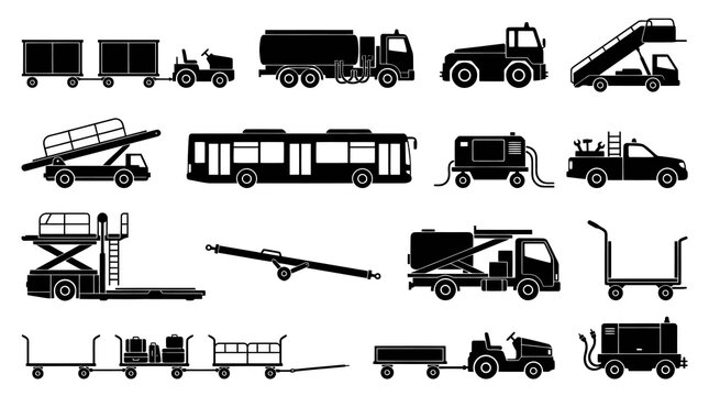 Black  White Icons of Airport Ground Support Equipment and Vehicles
