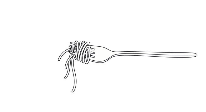 Hand-drawn spaghetti on fork, minimalist line art, white background