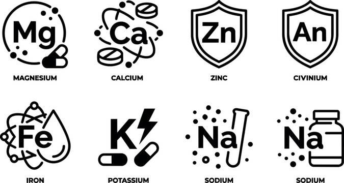 Black and white vector icons of chemical elements magnesium calcium zinc civinium iron potassium and sodium