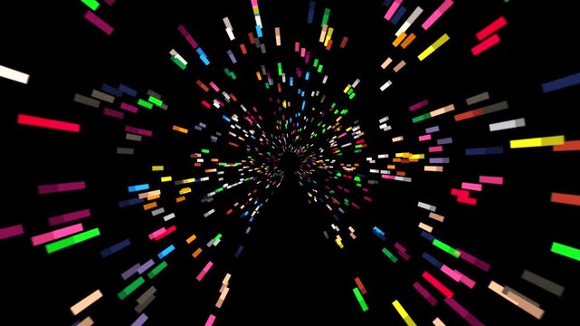 Colorful pixels and light particles tunnel animation on black background
