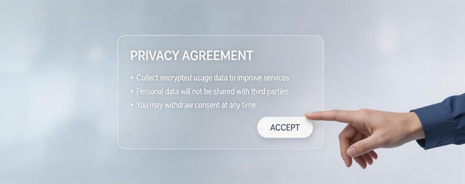 Hand touching accept button in privacy agreement dialog, representing user consent to digital terms, data usage, and online service policies.