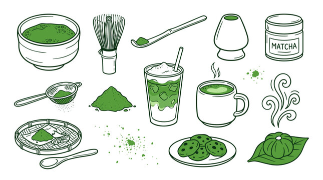 Matcha tea ceremony green doodle set with traditional whisk bowl and matcha latte for Japanese wellness and healthy beverage concept
