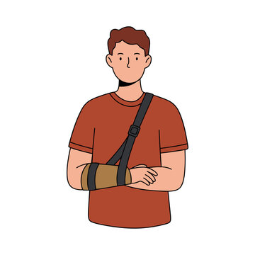 Young man wearing a person with arm brace for medical support and recovery after bone injury vector illustration