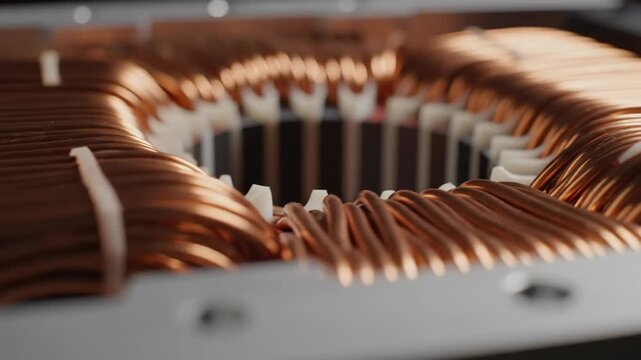 Copper winding coil close up electric motor stator copper wire insulation metallic sheen electrical coil transformer winding closeup copper coil