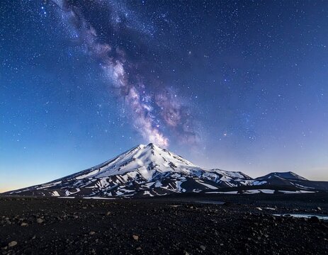 Nightscape of Klyuchevskaya Sopka volcano with Milky Way arch. Sharp snow-capped cone, volcanic ash textures, and starry sky with deep focus and copy space. Concept for power and nature.