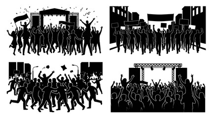 Obraz premium Black White Crowd Silhouettes: Concert, Protest, Celebration, Festival