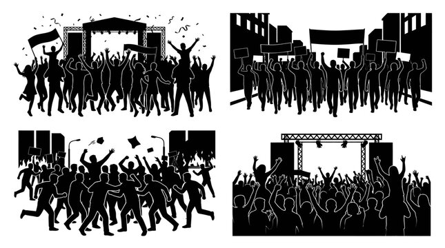 Black  White Crowd Silhouettes: Concert, Protest, Celebration, Festival