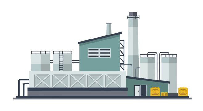 Industrial factory building with smokestack and storage tanks.