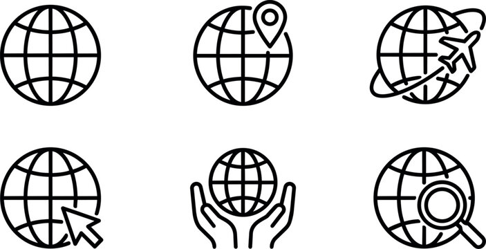 Line art globe with location pin airplane cursor hands and magnifying glass icons