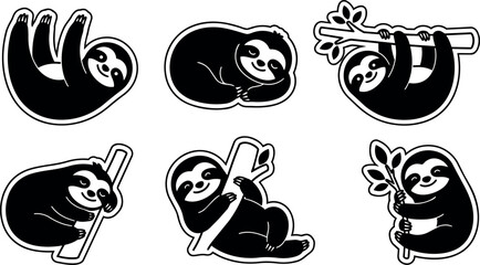 Fototapeta premium Black and white sloth vector art in six playful poses holding branches