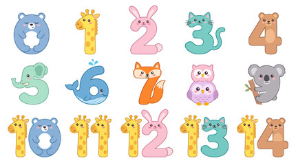 Fototapeta premium Cute Animals as Numbers 0-9, Educational Graphics for Kids