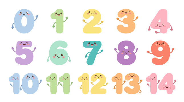 Cute Cartoon Numbers 0-14 with Faces and Arms, Vector Illustration