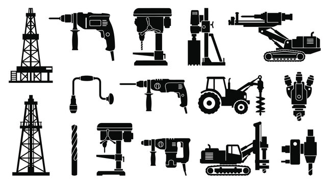 Black and White Icons of Drilling Equipment and Rigs