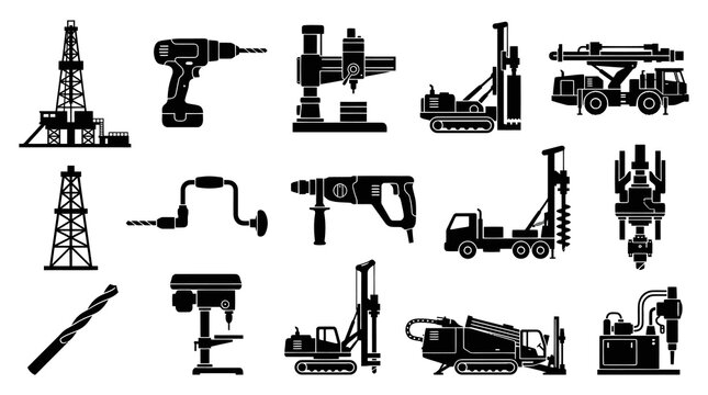 Black and White Icons of Drilling Rigs, Tools, and Equipment